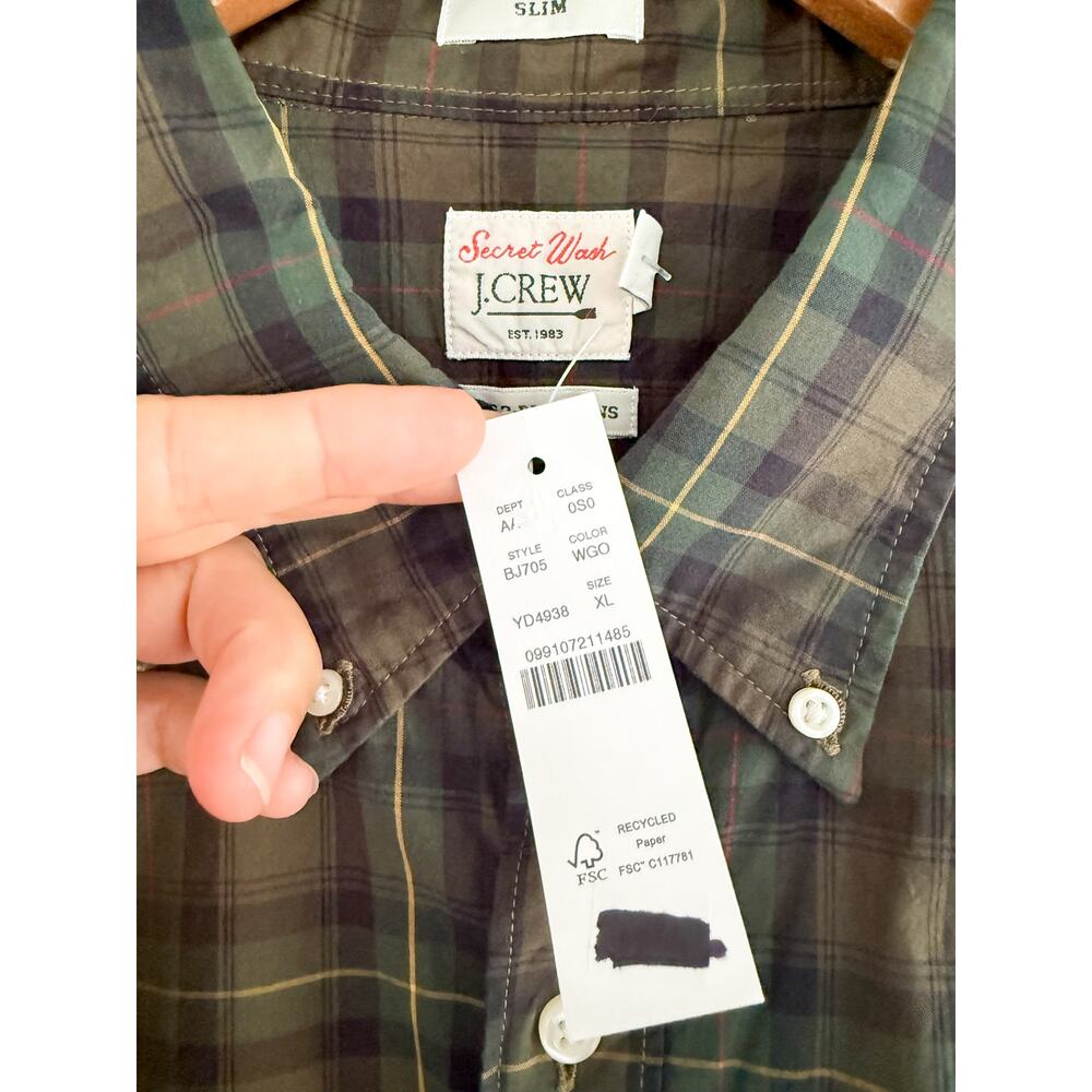 J.Crew | NWT Secret Wash slim cotton poplin shirt in Green Plaid | Sz XL - Picture 5 of 11